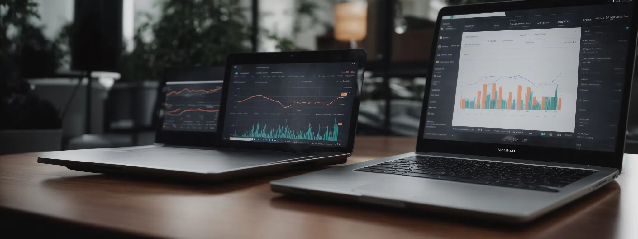 a laptop displaying complex graphs and charts reflecting user interaction and website analytics.