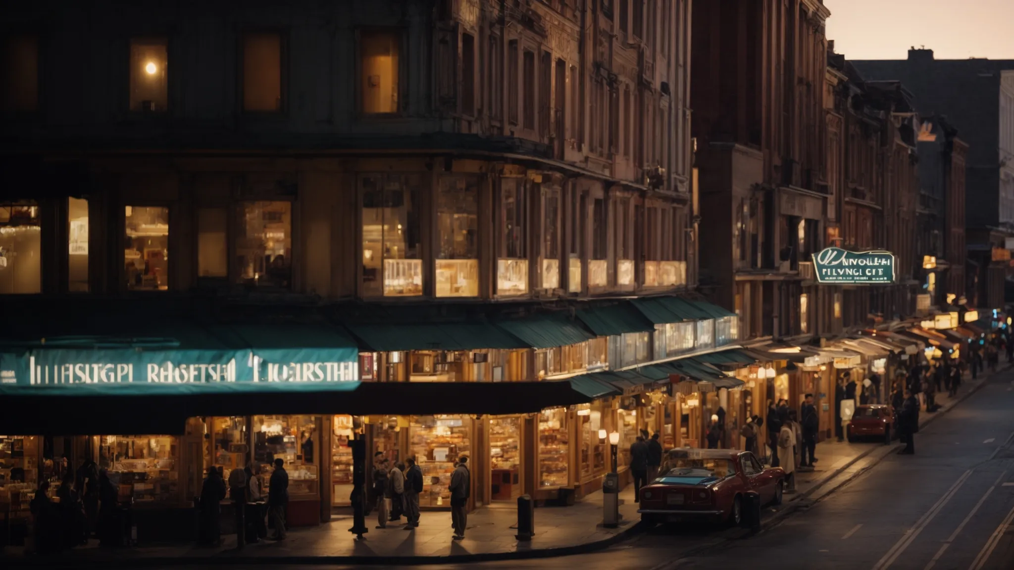 a bustling cityscape with a prominent storefront gleaming under the glow of streetlights at dusk.