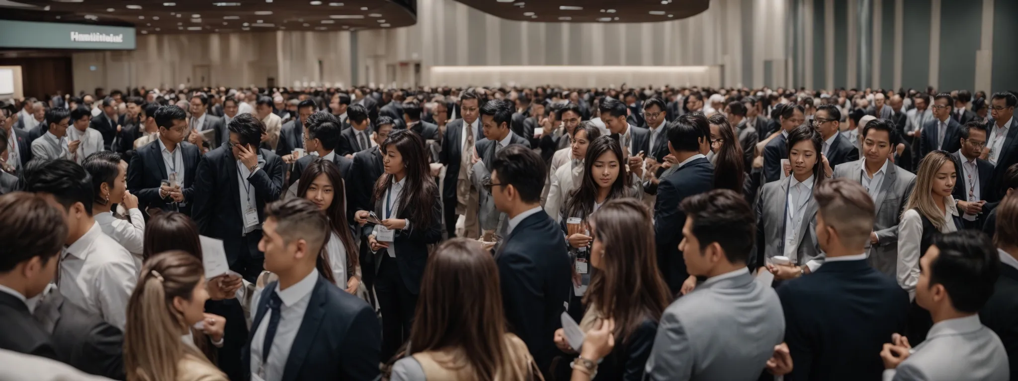 a bustling real estate conference with professionals mingling and exchanging business cards.