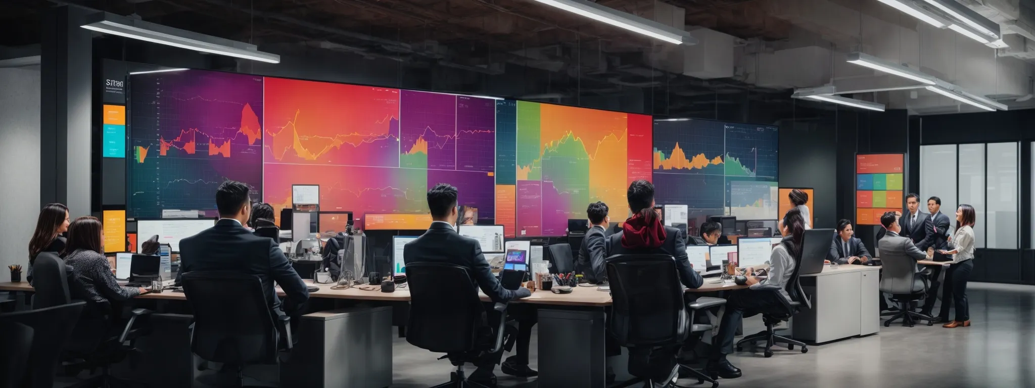 a modern office environment with a group of marketers strategizing over a large digital screen displaying colorful graphs of social media metrics.