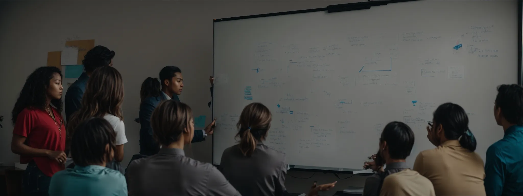 a group of people engaging in a brainstorming session with a whiteboard full of strategies visible in the background.