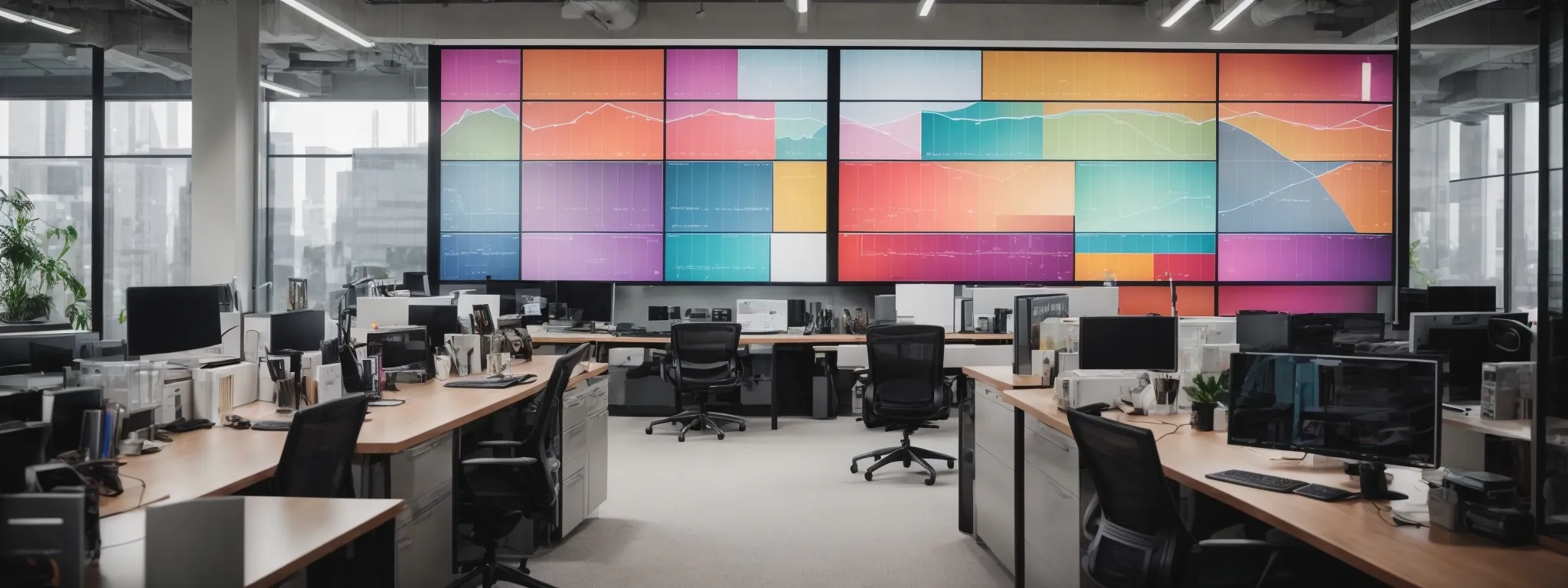 a modern office with a wall-mounted screen displaying colorful graphs indicating successful campaign analytics.