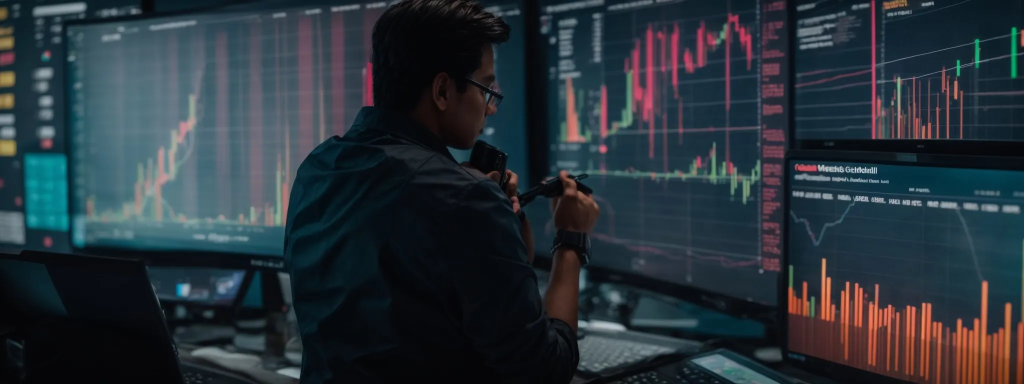 an analyst gazes intently at a large screen displaying colorful graphs and social media metrics from various analytics tools.
