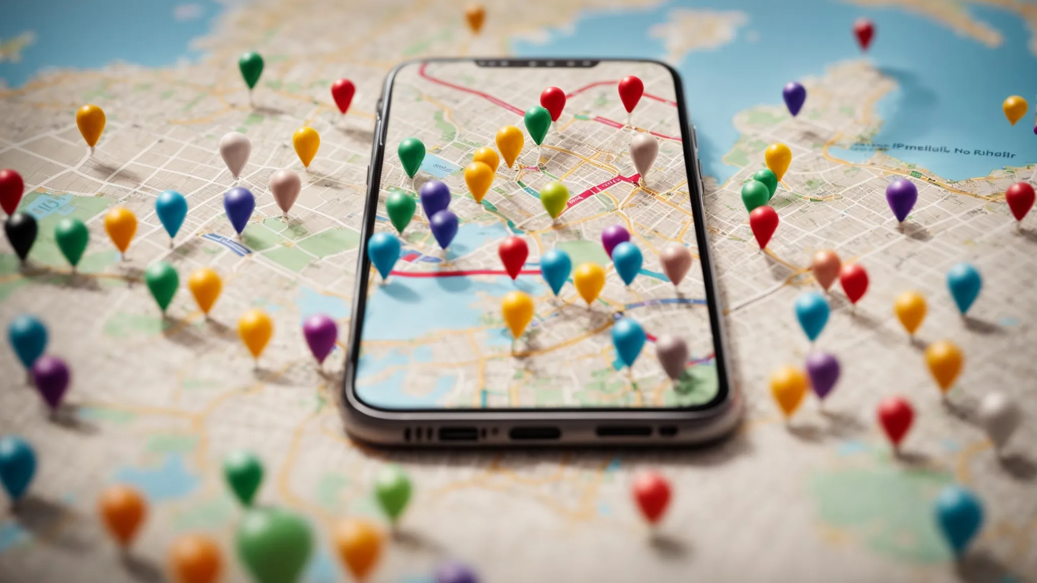 a smartphone displays a map dotted with colorful pins, each representing a business location tailored with local attractions in the background.