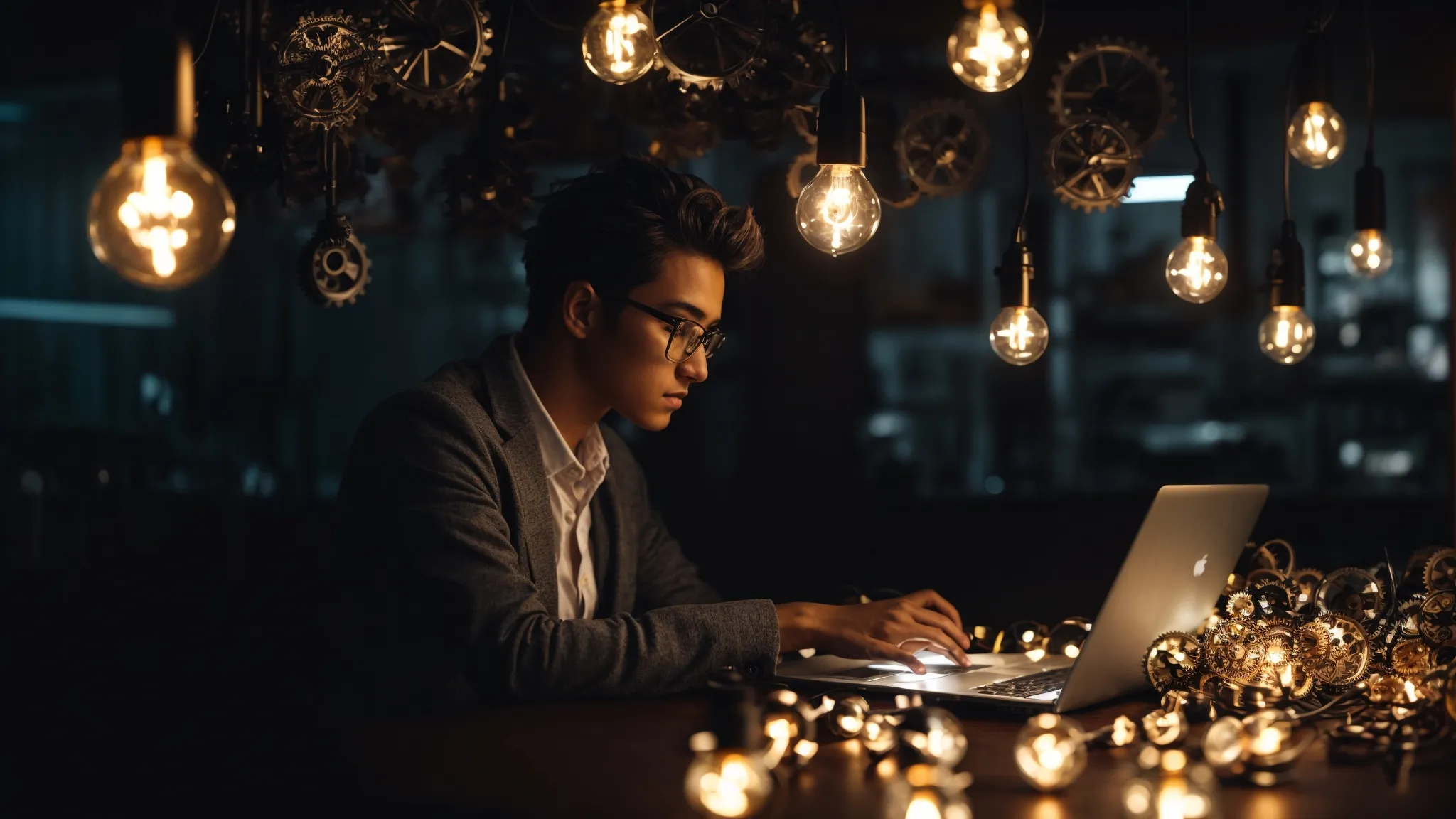 a person types on a laptop while surrounded by light bulbs and gears, symbolizing innovative content creation for seo.