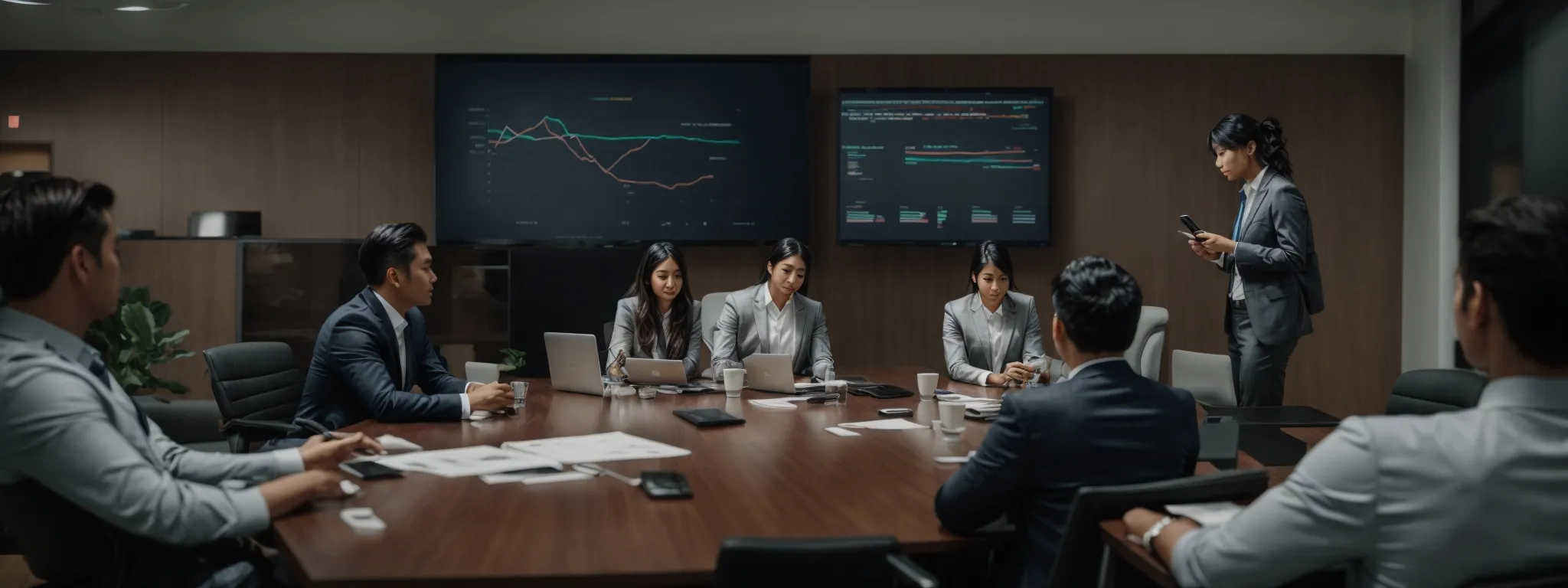 a group of marketing professionals gathered around a sleek conference table, intently discussing strategy with visible charts and digital devices, exuding a collaborative and focused atmosphere.