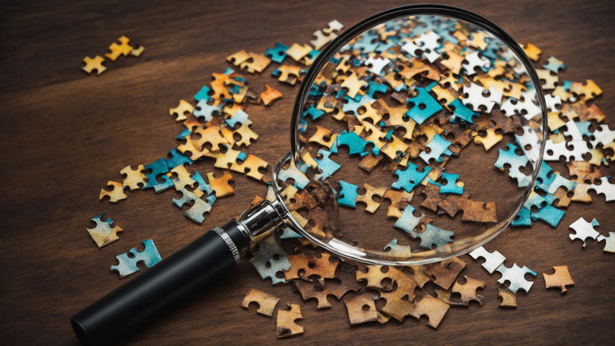 a magnifying glass hovering over a jigsaw puzzle with a few pieces connected, symbolizing the analysis and solution-finding process in seo.