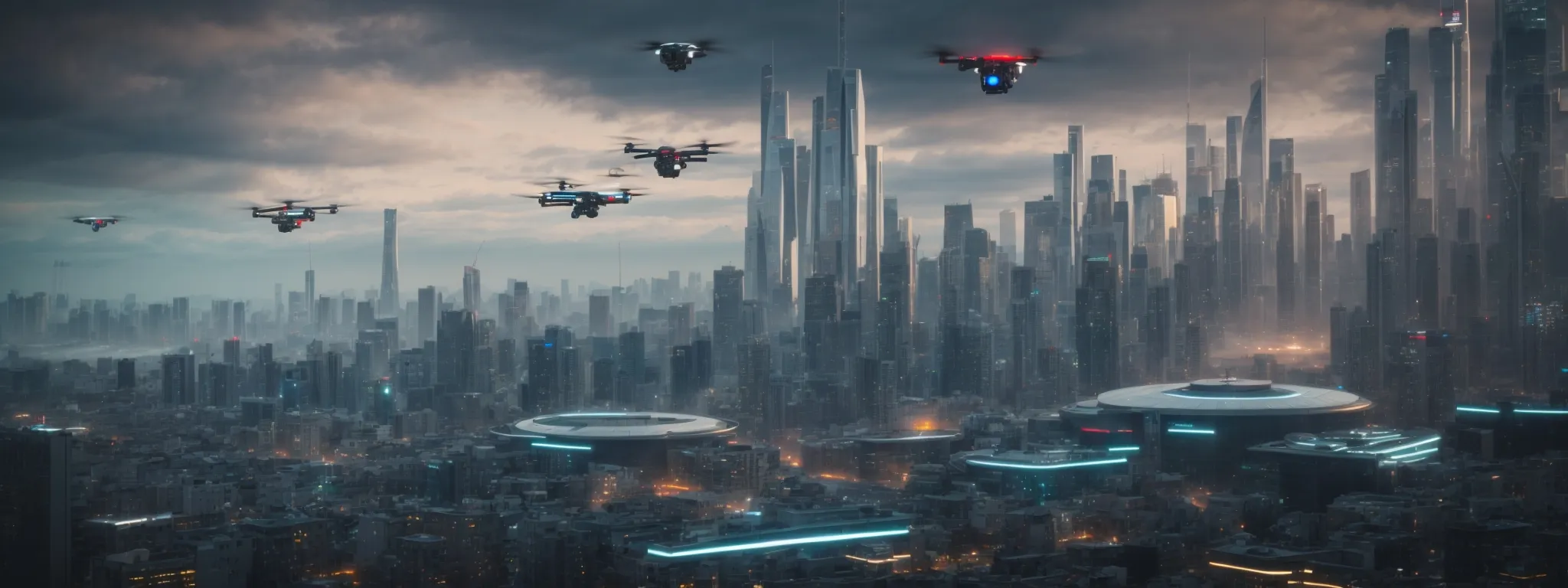a futuristic cityscape with a skyline dotted with drones and autonomous vehicles against a backdrop of sophisticated digital infrastructure.
