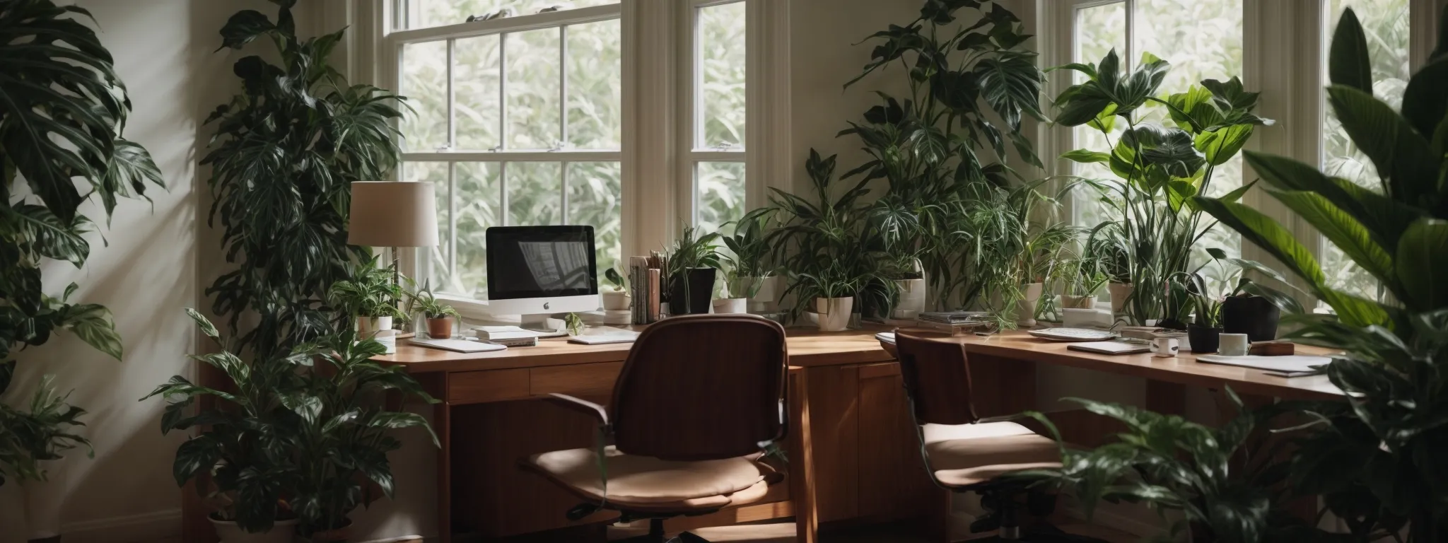 a serene home office with a comfortable chair, a laptop open to a word processing document, surrounded by peaceful indoor plants and soft lighting, embodying a productive yet calm environment for creating empathetic mental health content.