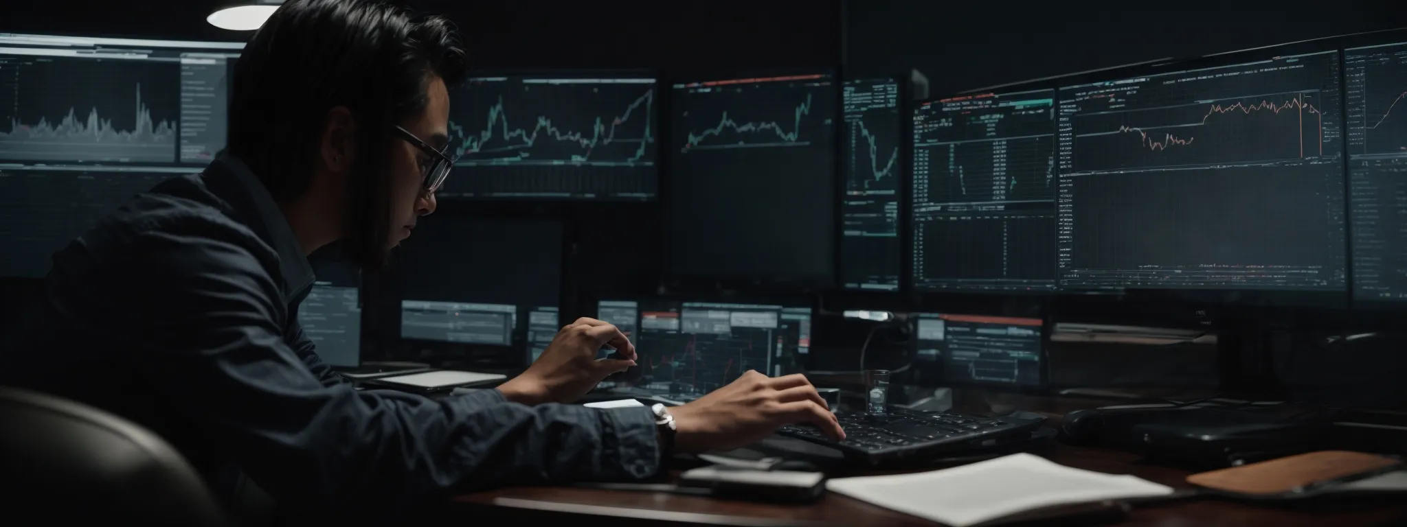 a person calmly analyzing graphs and charts on a computer screen, reflecting strategic digital marketing planning.