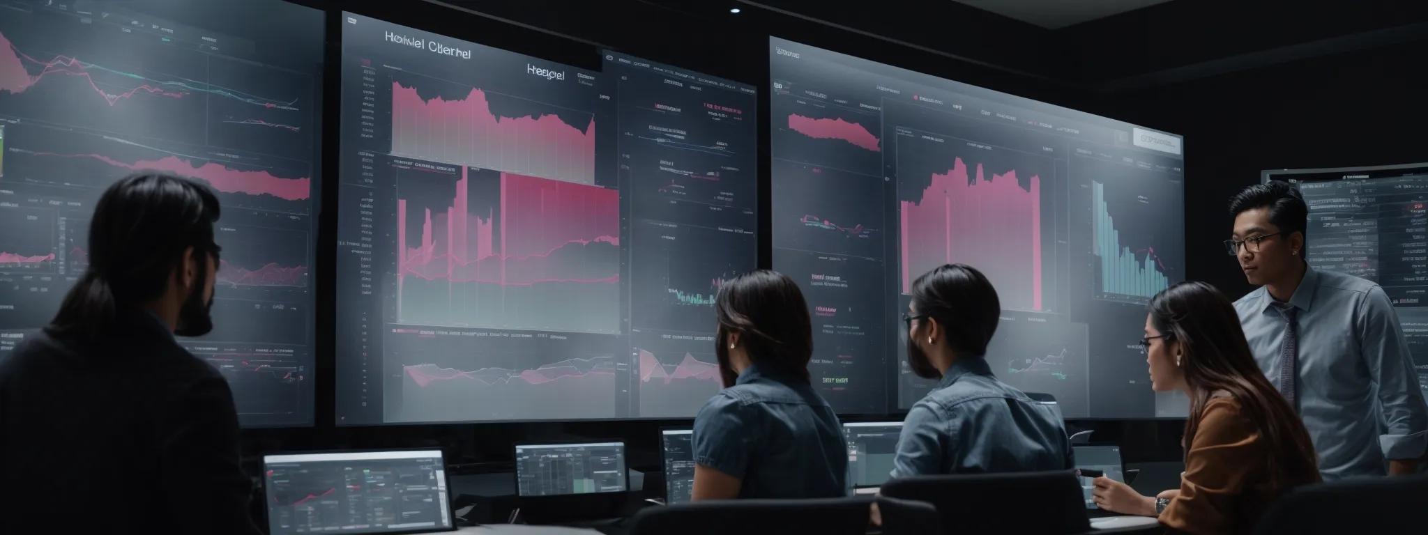 a marketing team analyzing graphs on a large screen displaying consumer data trends.