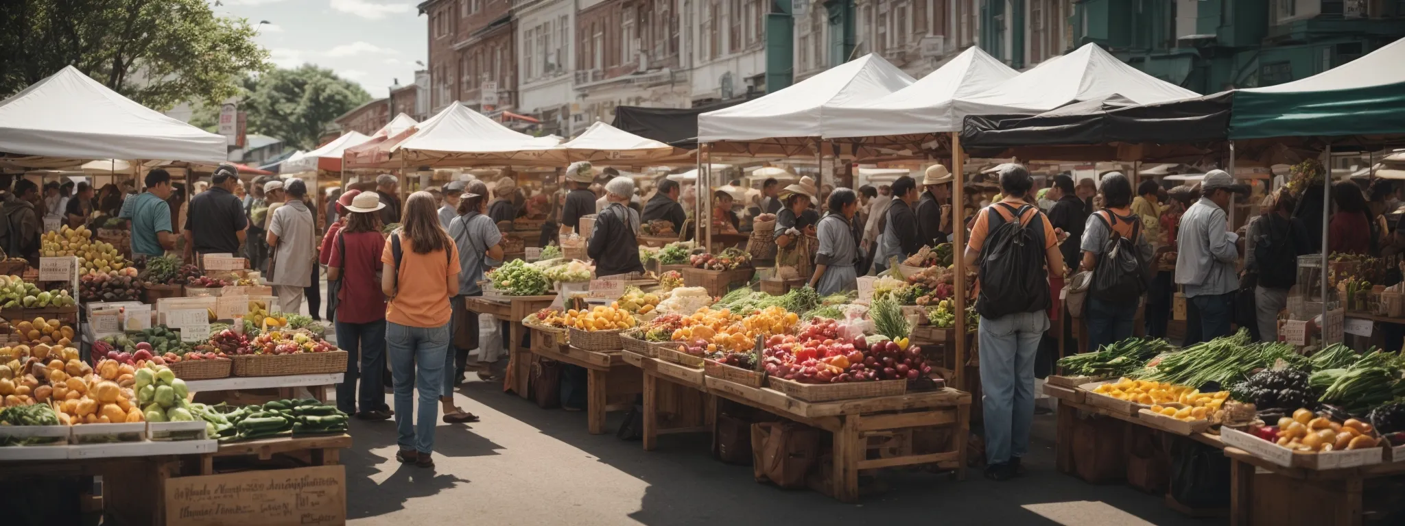 a bustling farmers' market with vibrant stalls offering an array of fresh, local produce to a community of engaged shoppers.