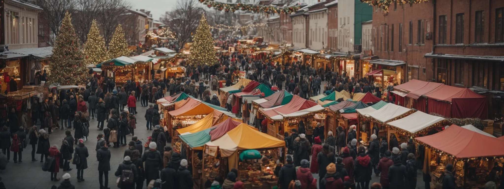 a bustling holiday market scene with colorful stalls and festive decorations designed to attract shoppers.