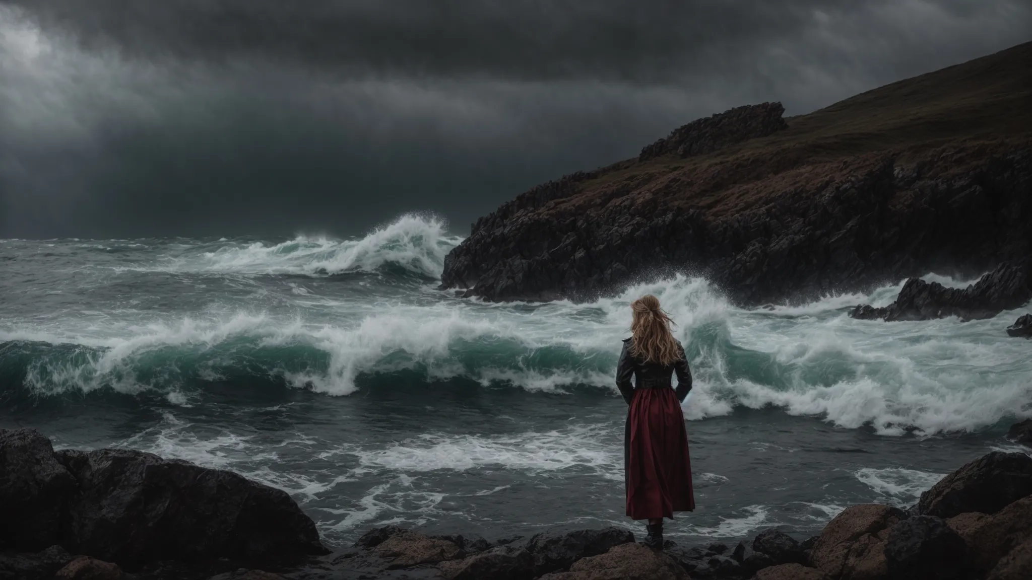 a siren luring unwary sailors towards a rocky coastline under a stormy sky.
