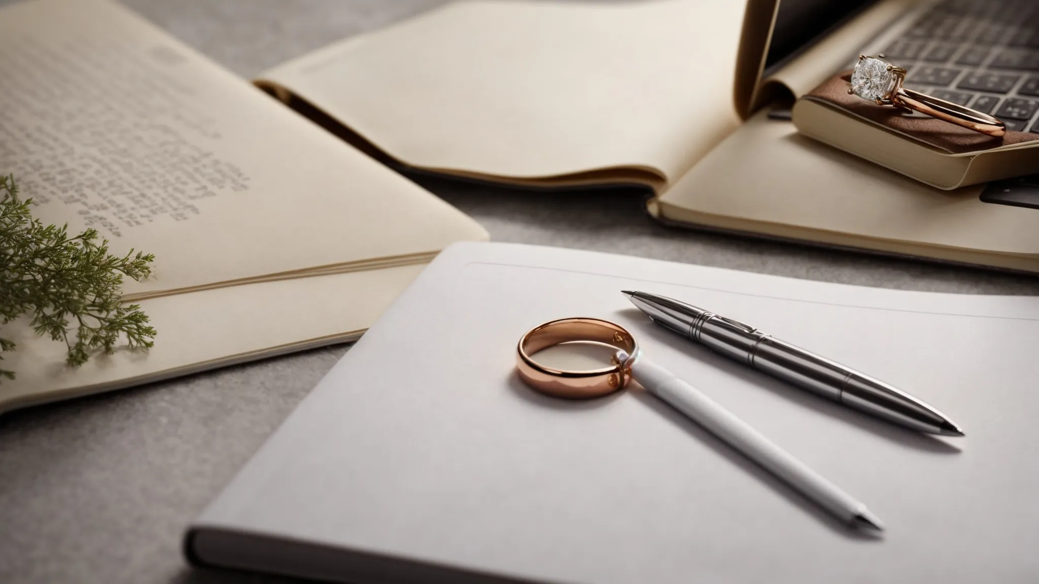 a wedding ring sits on a laptop keyboard next to a notebook and pen, symbolizing the union of marriage, seo, and pr.