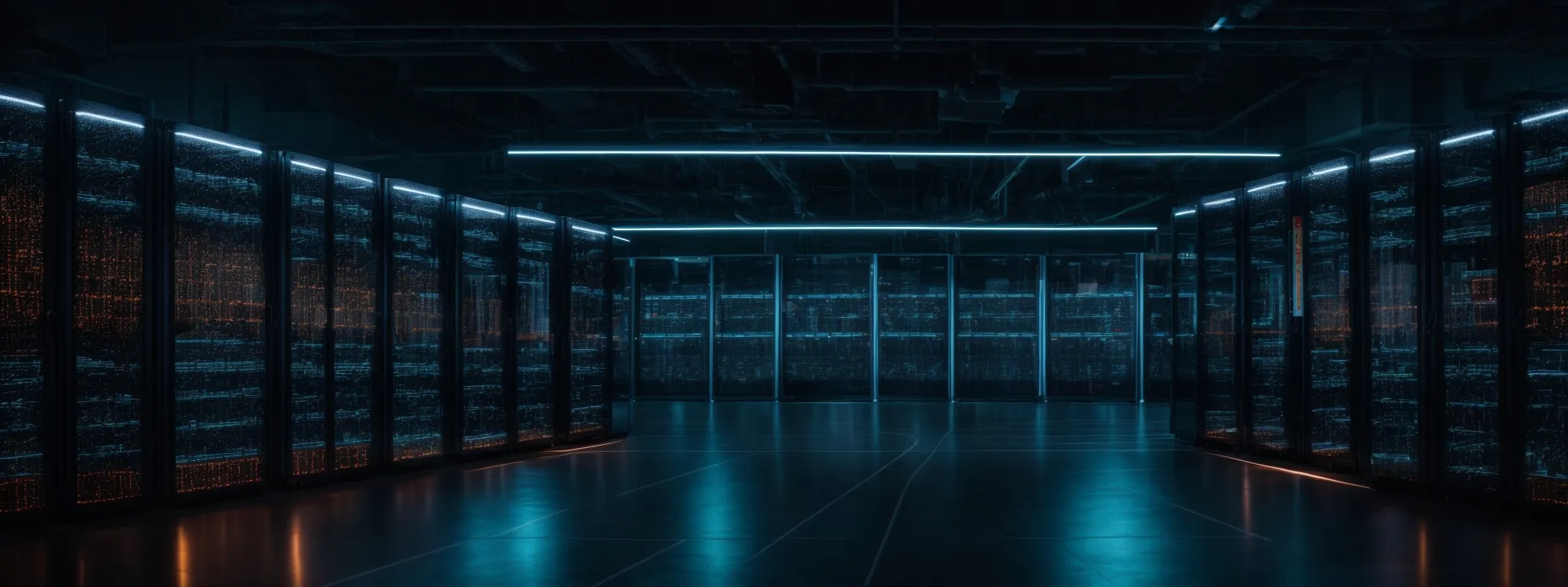 a panoramic view of a modern corporate data center with rows of high-tech servers and glowing lights representing data processing and storage.