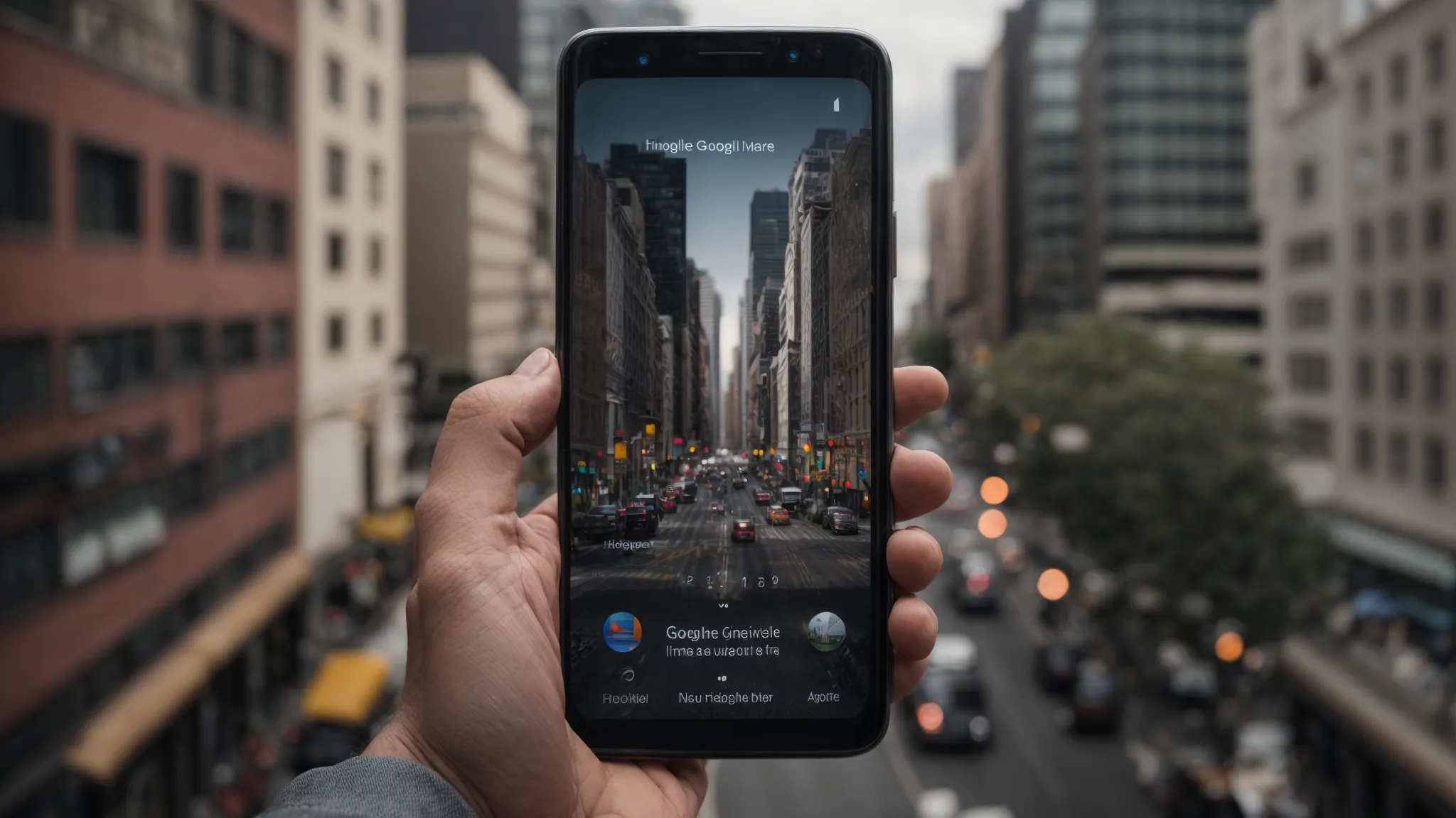 a phone displaying the updated google maps interface on its screen, held against the backdrop of a city street.