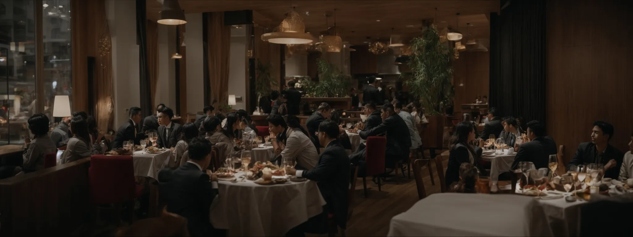 a bustling restaurant interior with guests enjoying their meals at various tables.