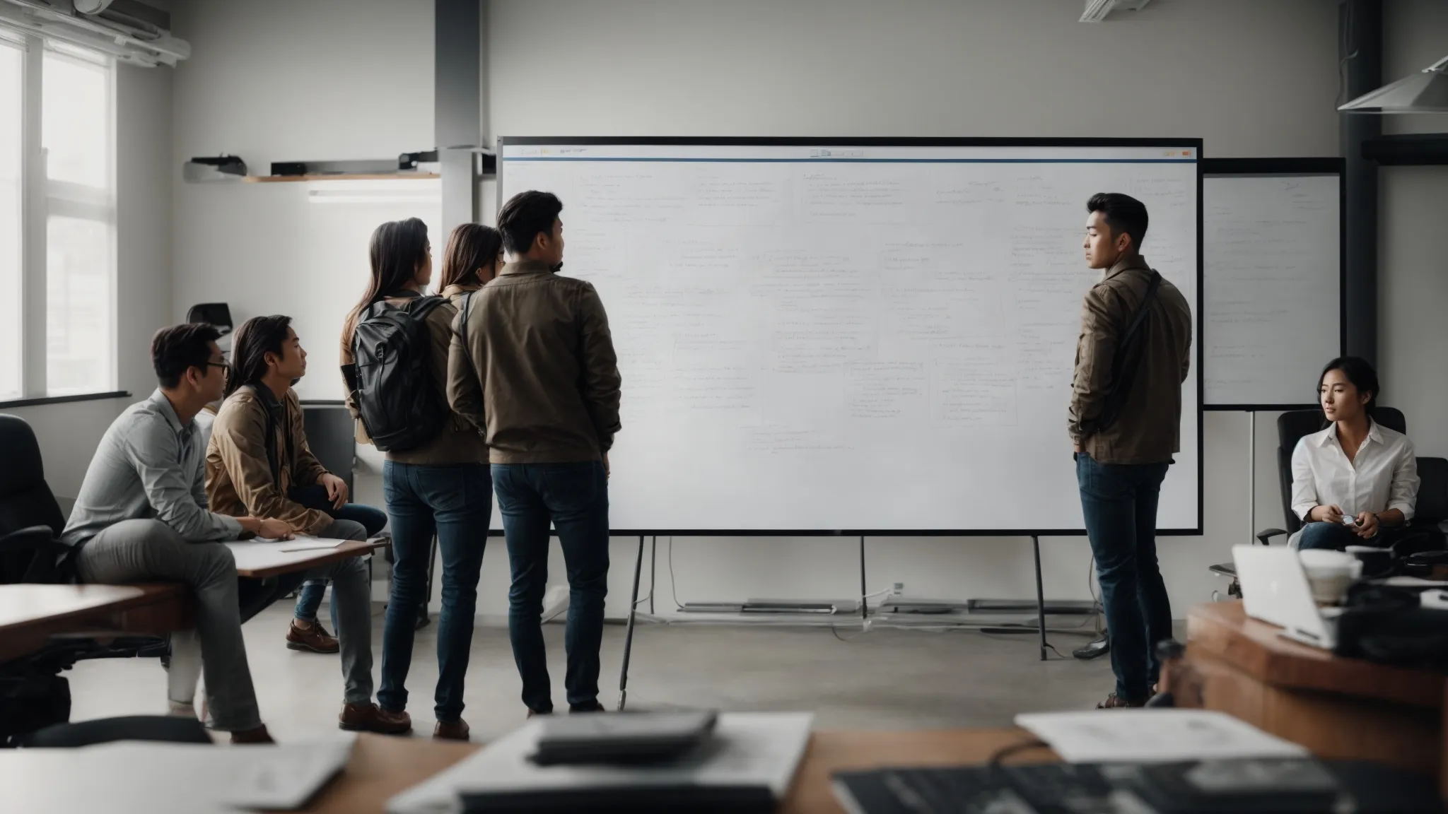 a team gathered around a large whiteboard outlining a comprehensive search engine optimization plan.