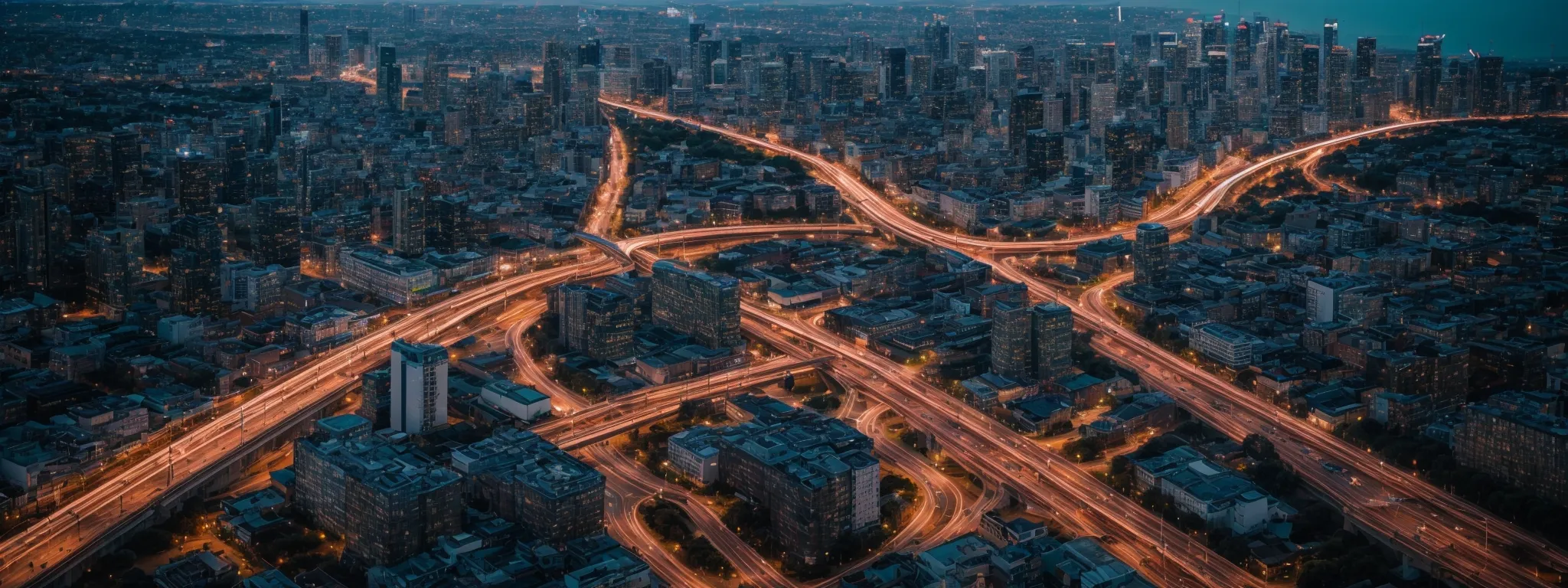 a wide-angle view of interconnected roads converging on a busy, modern cityscape, symbolizing the complex pathways of seo with the city representing the vast internet landscape.