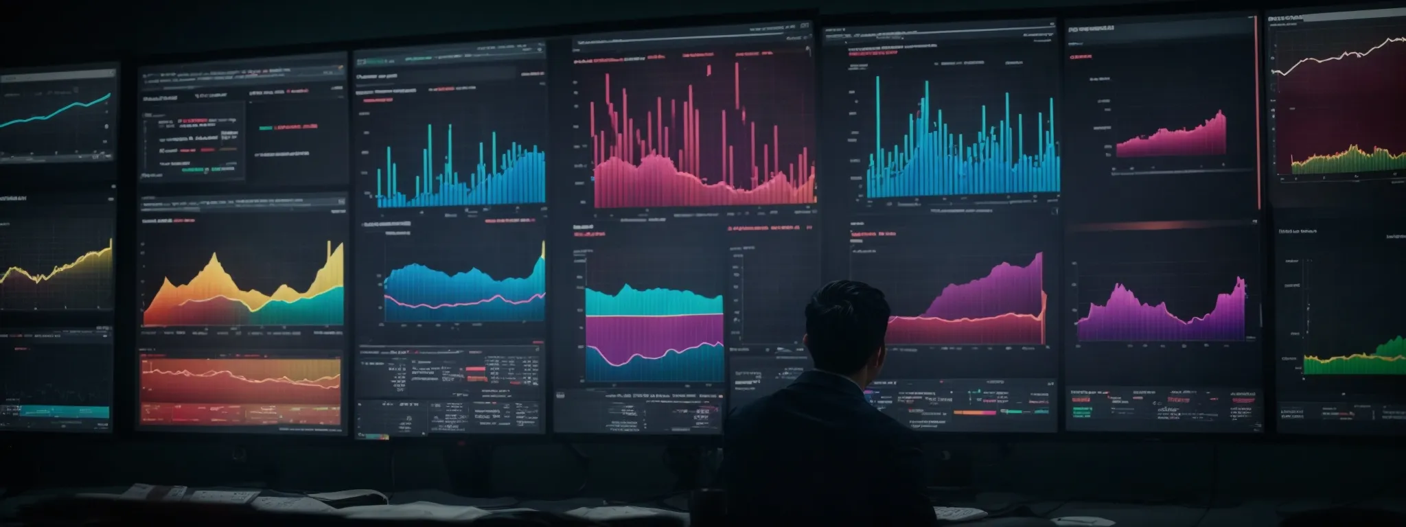 a marketer analyzes data on a large screen showing colorful analytics dashboards.