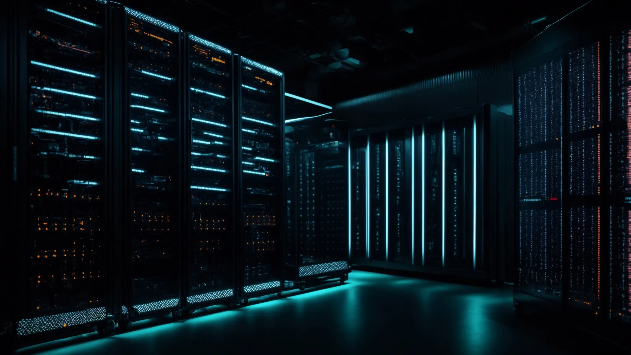 a web server rack glowing with lights in a dark data center room, signifying technological power behind websites and search optimization.