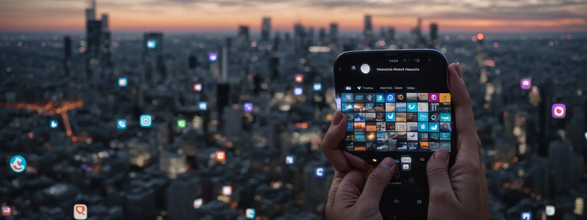 a person holding a smartphone displaying cascading social media app icons against a backdrop of a bustling cityscape at dusk.