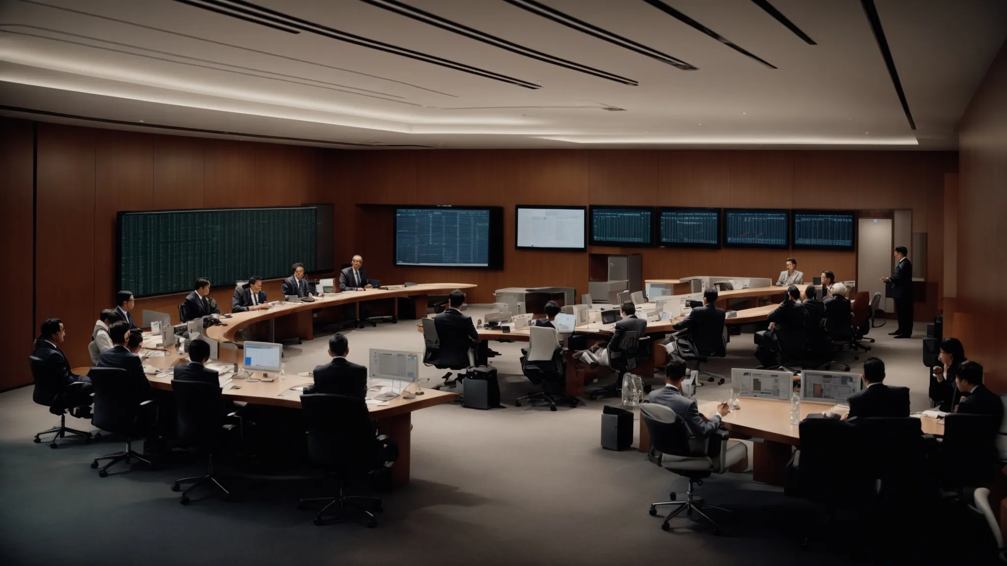 a board room with a long table and high-tech computers where business professionals are analyzing data management software.