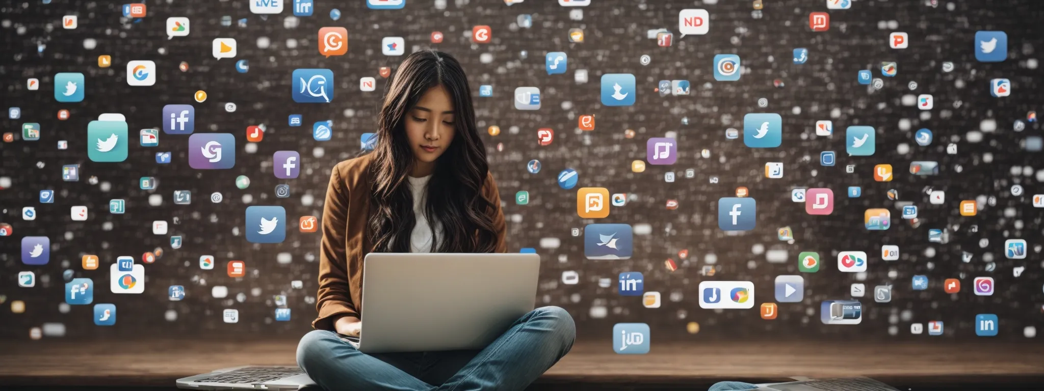 a person sitting with a laptop, surrounded by social media platform icons, orchestrating a digital marketing strategy.