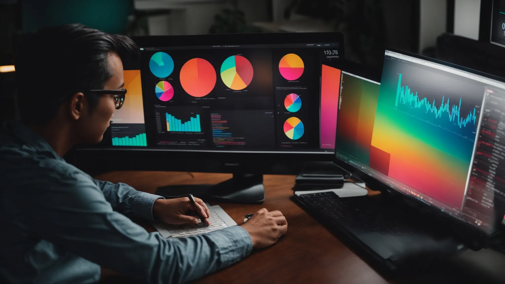 a marketer analyzes colorful pie charts and graphs on a computer screen, revealing seo trends and insights.