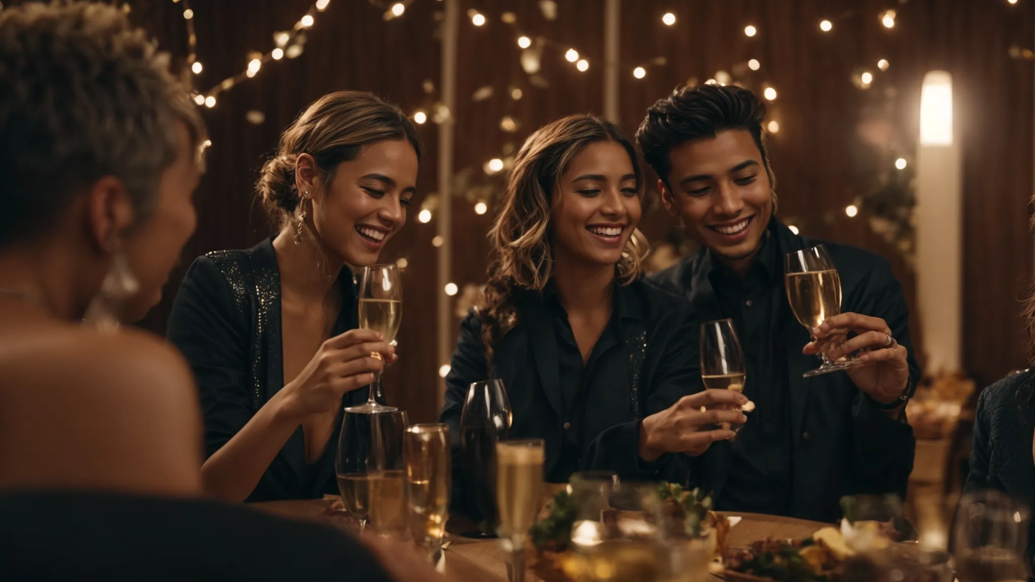 a lively new year party scene with two people laughing and toasting with champagne as a smartphone on the table displays a chat application with a heart emoji.