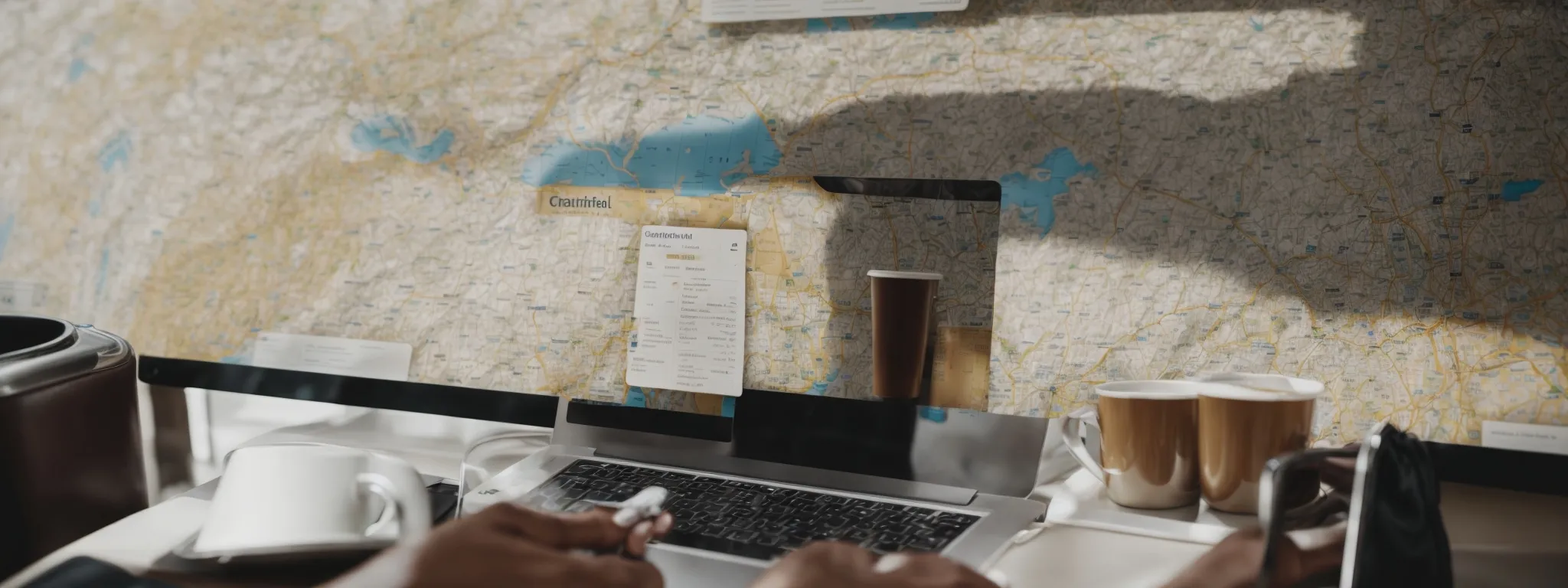 a person sitting at a cafe table with a laptop, a cup of coffee, and a city map spread out in front of them.
