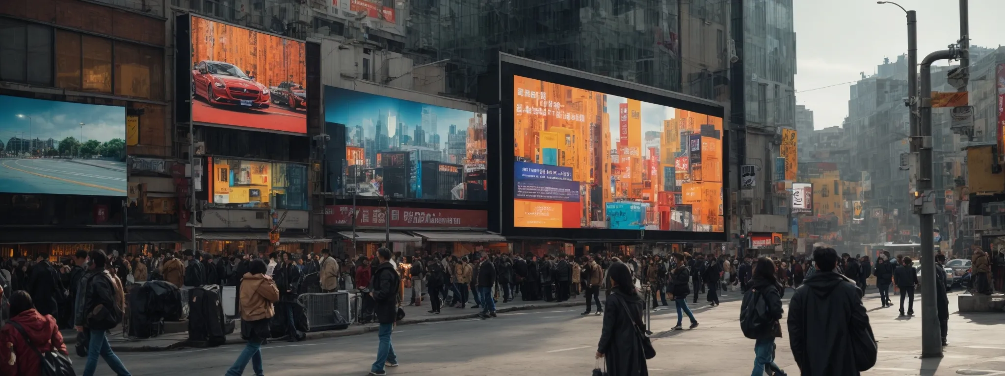 a busy urban street peppered with bright billboards as people attentively watch a large digital screen displaying a modern, colorful advertisement.