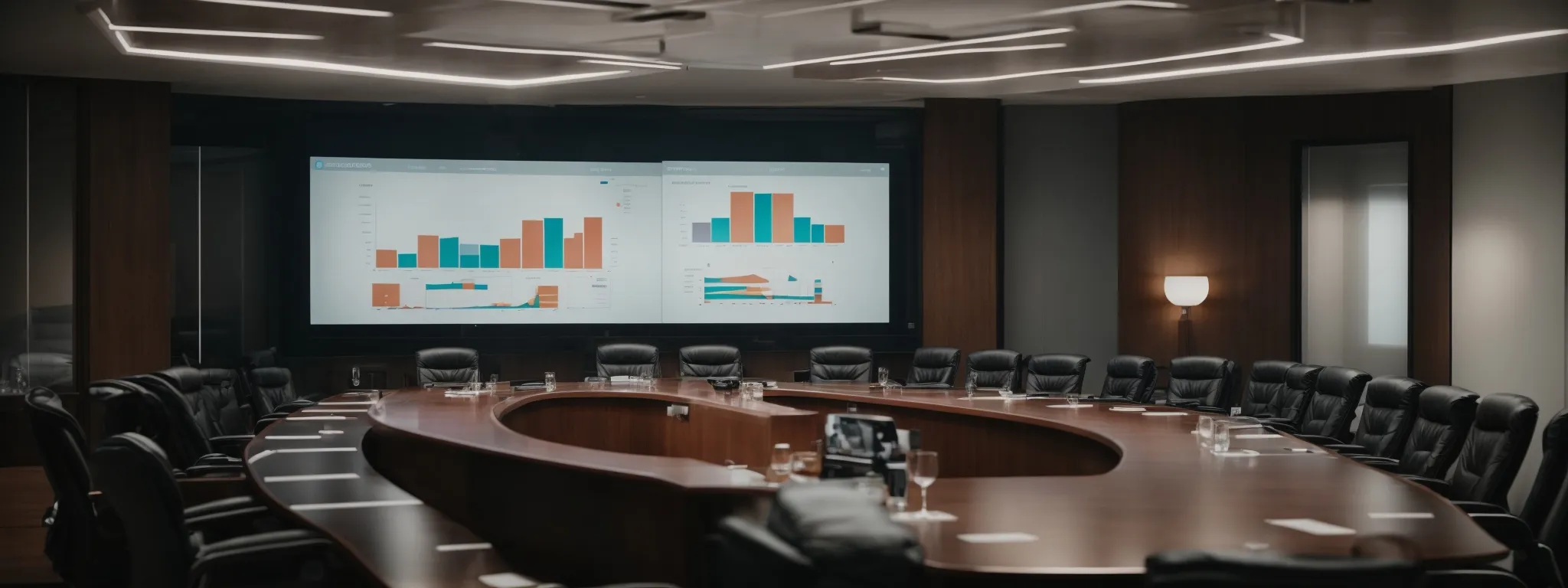 a boardroom with a large screen displaying pie charts and graphs during a strategic meeting.