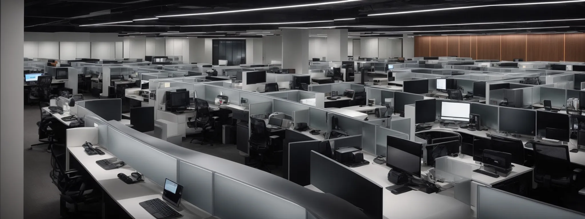 a sleek, modern office with rows of computer workstations, hinting at cutting-edge technology use in a corporate environment.
