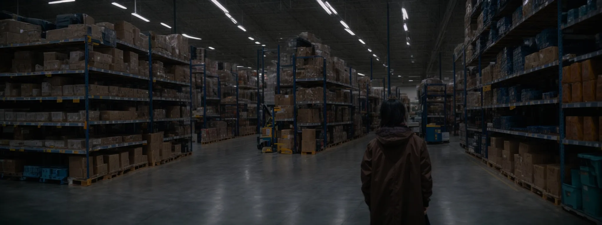 a person standing in a large, orderly warehouse, with clear aisle signs indicating different product categories.