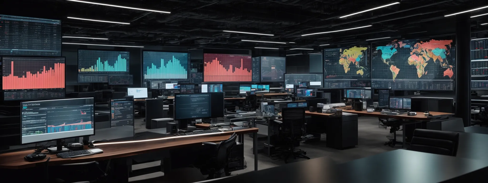 a sleek, modern office with multiple large screens displaying colorful graphs and data analytics dashboards.