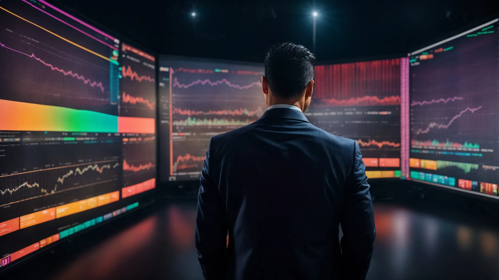 a dynamic entrepreneur stares at a large digital screen displaying colorful analytics charts and social media metrics.