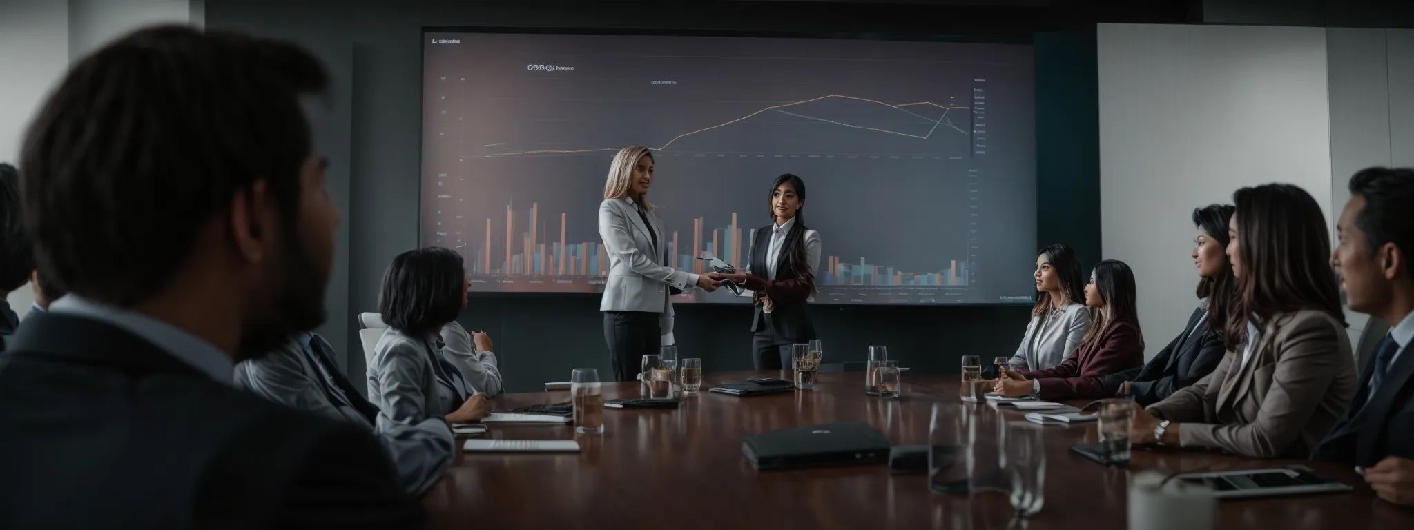 a ceo presenting a content strategy to a boardroom using a digital screen.