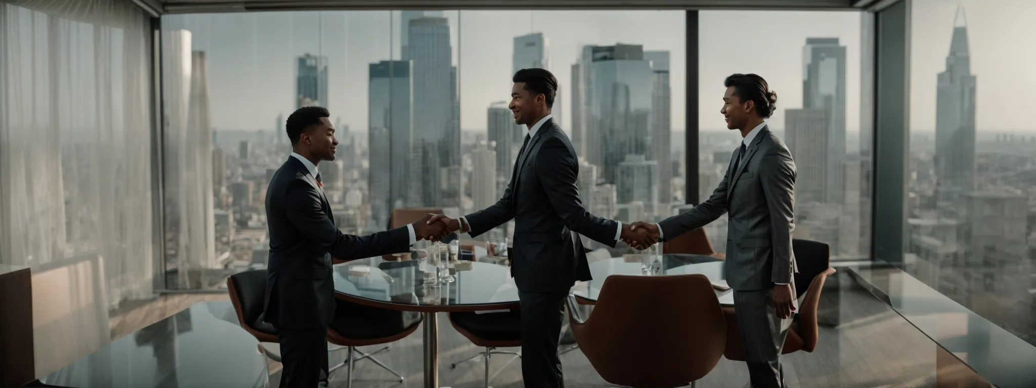 two professionals shaking hands across a table, with a large office window overlooking a city skyline, suggesting a successful business meeting.