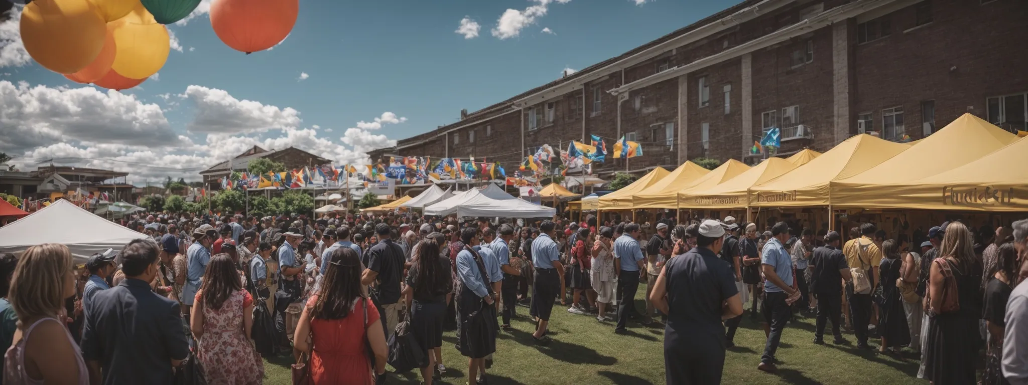 a local community event where businesses are networking and collaborating under a festival banner.