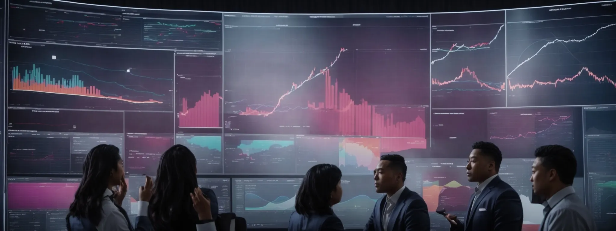 a diverse group of marketing professionals engaged in an animated discussion around a large, high-tech digital display showcasing graphs and analytics.