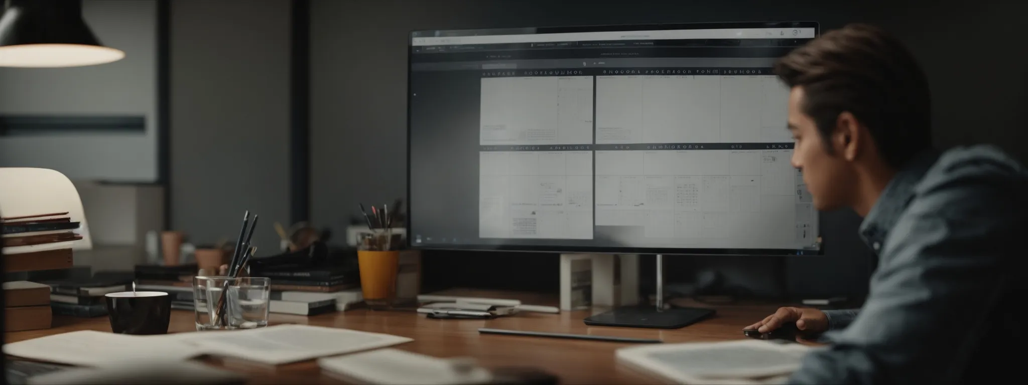 a person sits at a modern desk, planning a content schedule on a digital calendar displayed on a sleek computer screen.