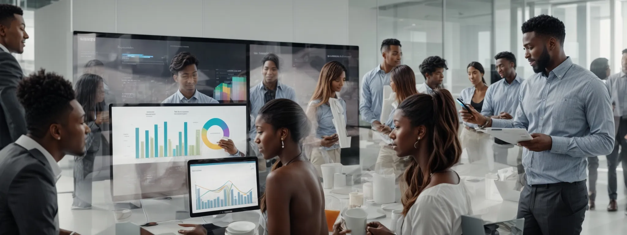 a group of diverse individuals engaging with an infographic displayed on a large, sleek touchscreen in a bright, modern office setting.