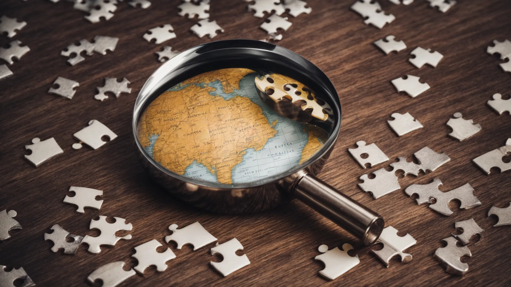 a magnifying glass hovering over a puzzle piece completing a globe, symbolizing the discovery and connectivity aspect of seo.