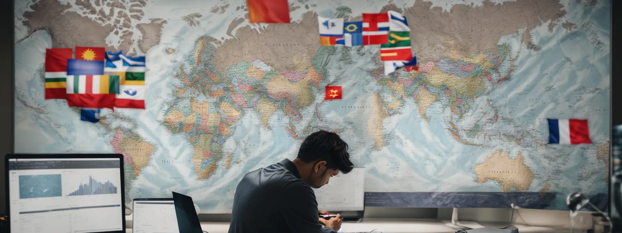 a digital marketer studies a world map dotted with various flags while adjusting settings on a global analytics dashboard.