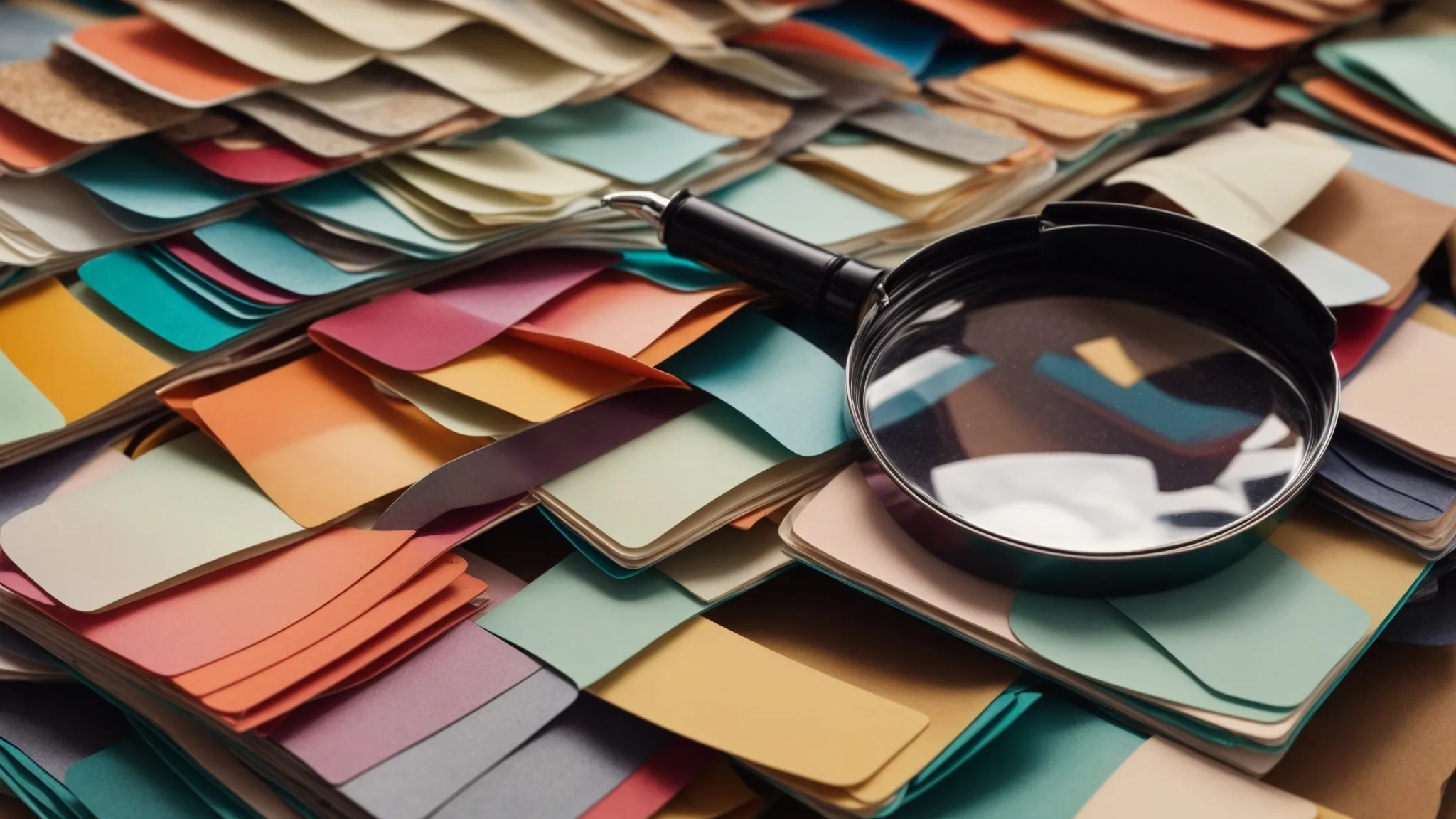 a desktop with a magnifying glass resting on a scattered assortment of colorful folders.