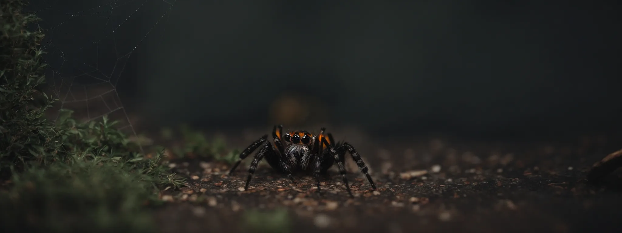 a spider lurks at the center of a web enshrouding a miniature website.