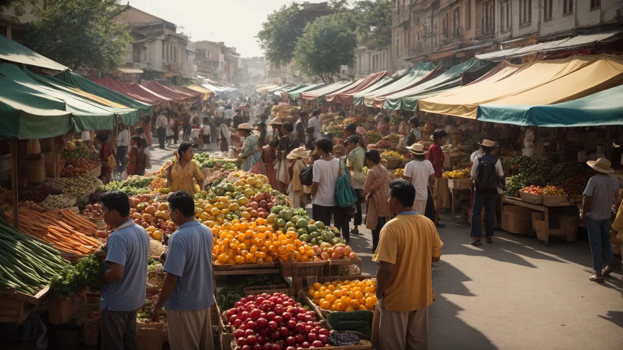 a vibrant open-air market scene bustling with local shoppers casually interacting with friendly vendors displaying an array of fresh, colorful produce.