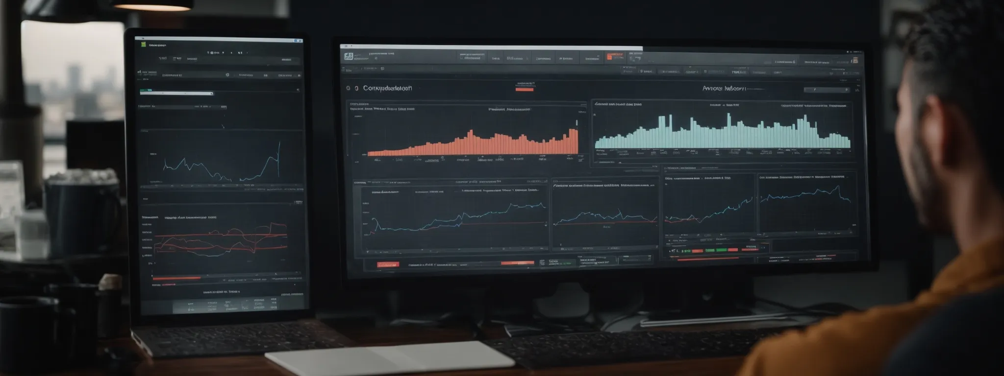 a computer screen displaying analytics dashboards with graphs and traffic data while a marketing professional reviews the seo performance metrics.